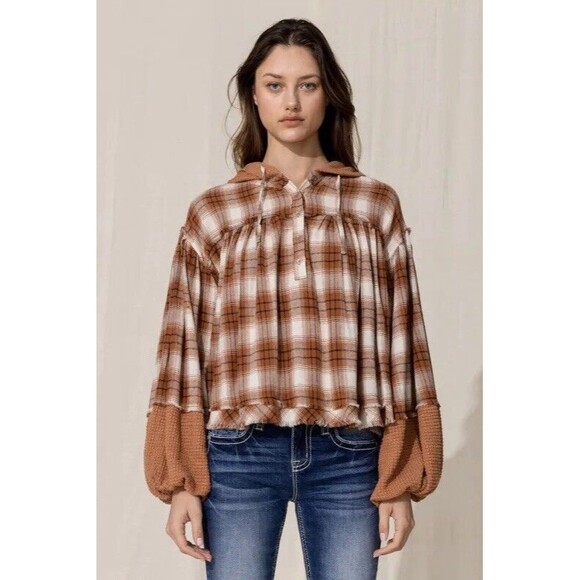 NWT Miss Me‎ MISS MEOrange Multi Plaid Thermal Hoodie Balloon Sleeve Size Large - Picture 1 of 14